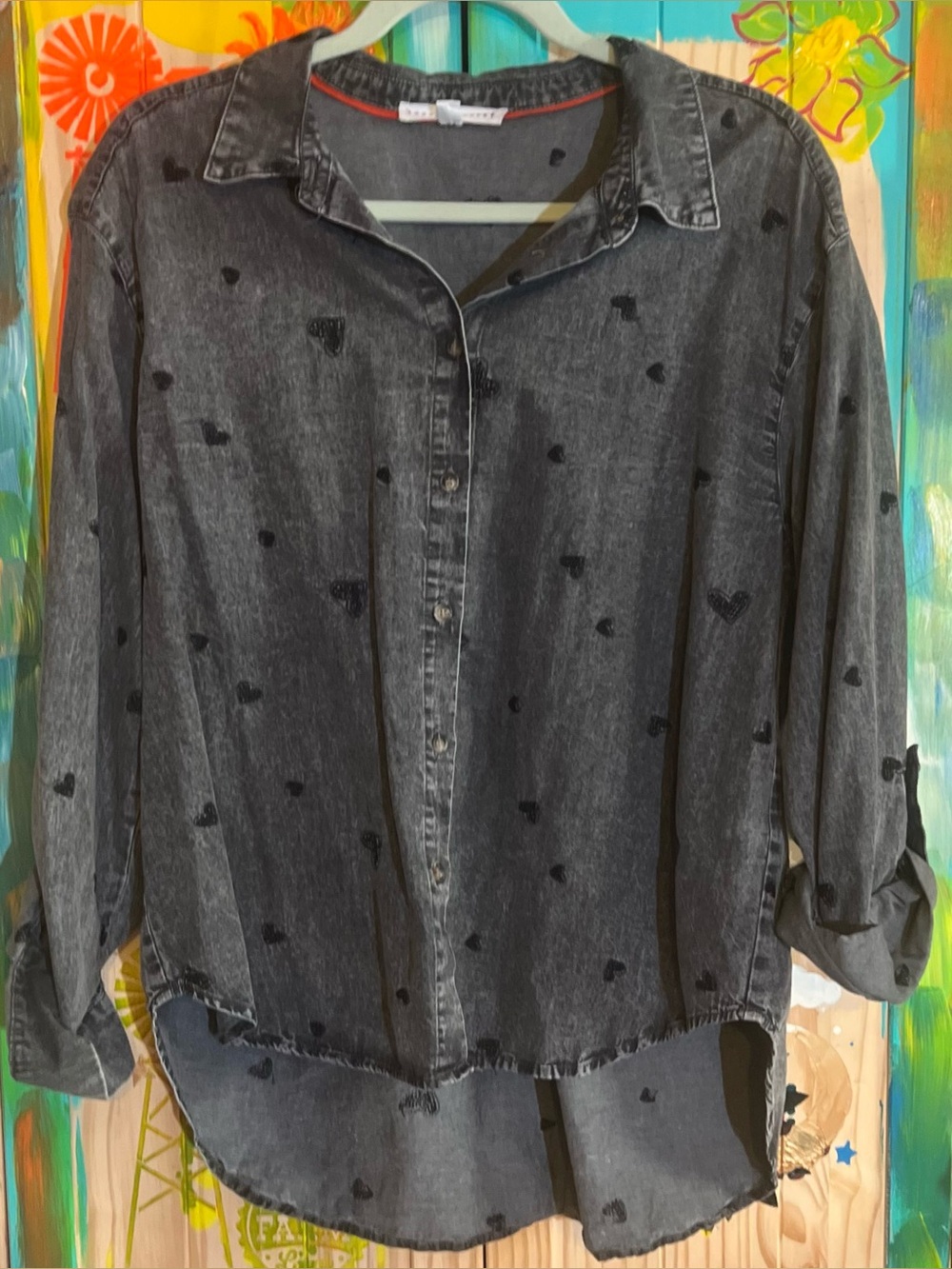 Jane and Delancey Washed Black Heart-Print Button-Down Shirt